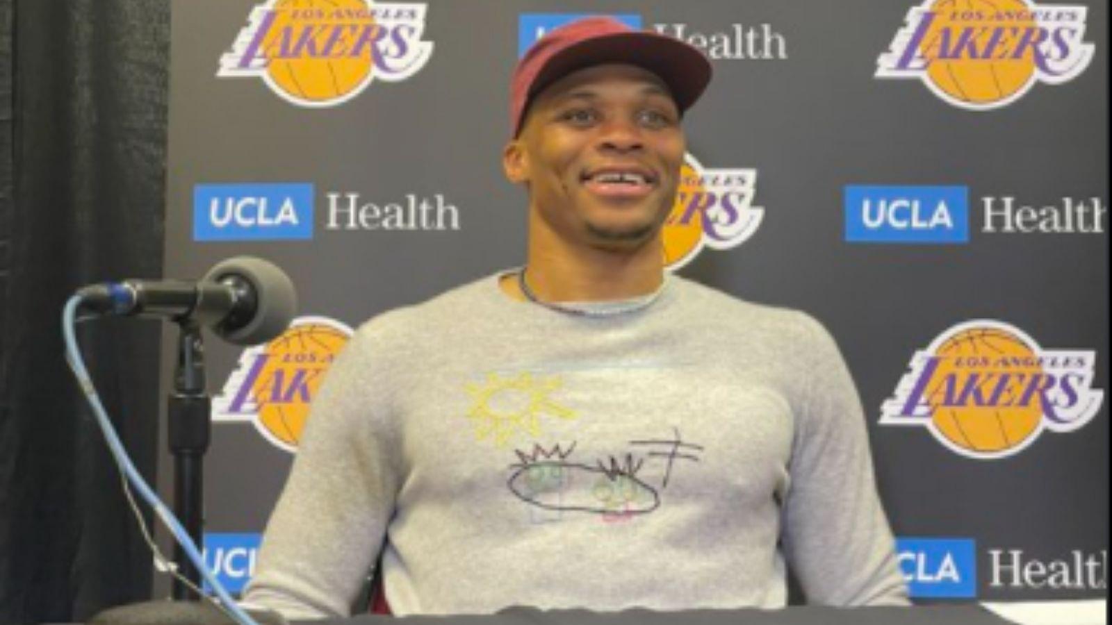 "Russell Westbrook, Father extraordinaire!" : The Lakers point guard cannot stop glowing about wearing his son's design on his sweater during his press conference