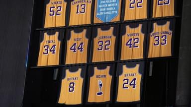 "Kareem Abdul-Jabbar on the receiving end of a poster from Jellybean Bryant": Footage of the Lakers legend getting dunked on by Kobe Bryant's father