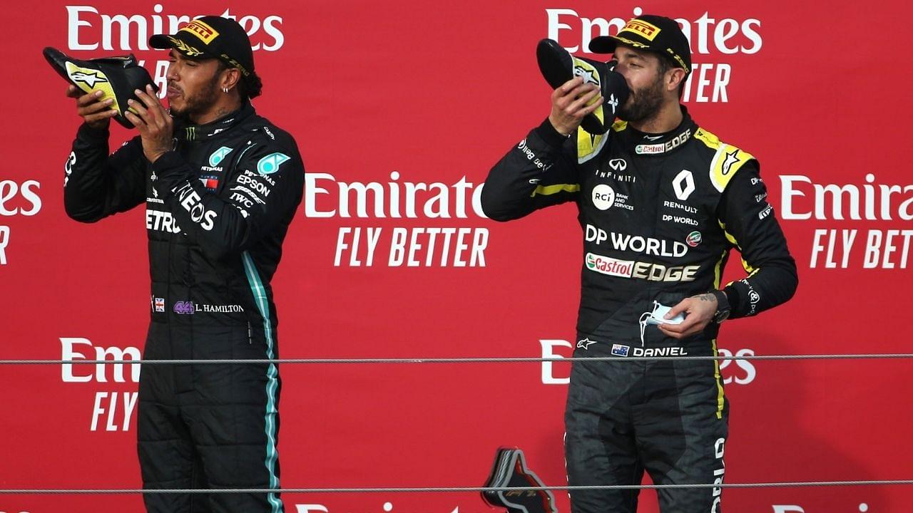 "Think we're about due for another one"– Daniel Ricciardo responds to 'haunting shoey' memory for Lewis Hamilton