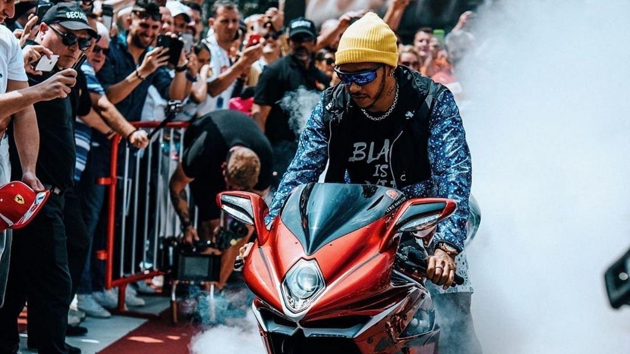 "It feels great and combines the best of both worlds, $71,000 bike for road"- Lewis Hamilton performed burnouts to the fans in Monaco on his custom made MV Agusta F4 LH44