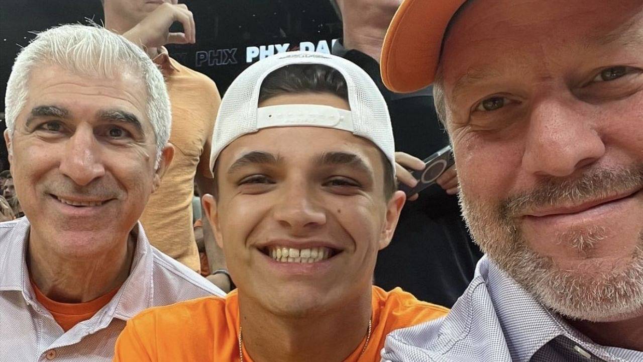 "A little father son activity between Zak Brown and Lando Norris"- F1 Twitter reacts as the McLaren star watches Devon Booker and the Phoenix Suns crush the Mavericks