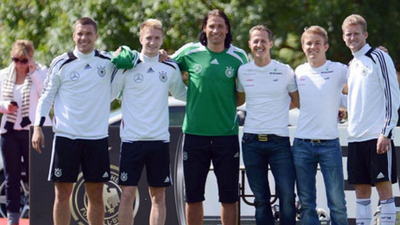 "I am a big football fan and it is fantastic to be with the team" - Throwback to when Nico Rosberg and Michael Schumacher met the German National Football team in 2012