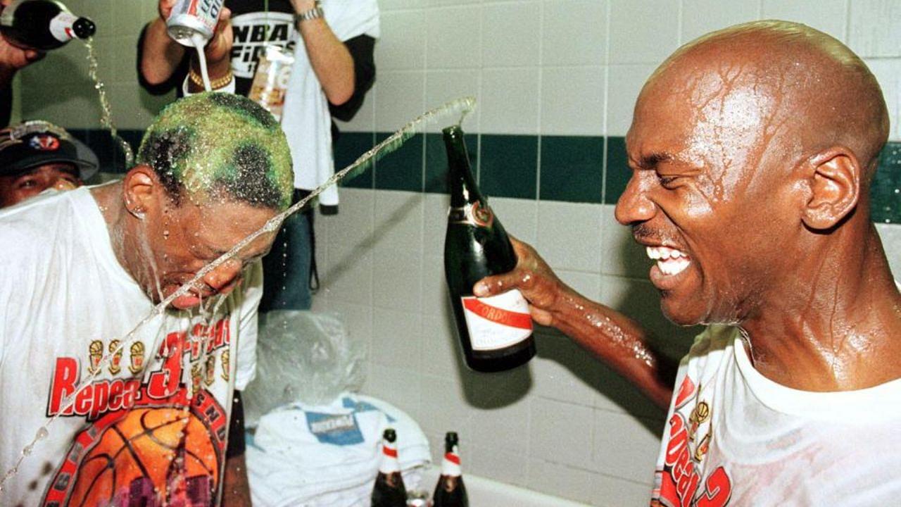 "Dennis Rodman, that's waterproof color on your head!": When Michael Jordan poured an entire bottle of champagne on the Worm's head