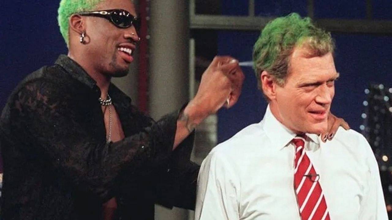 "Thought having Dennis Rodman's green hair would be goofy, but it looks alright!": When Bulls #91 color sprayed David Letterman's hair on National TV