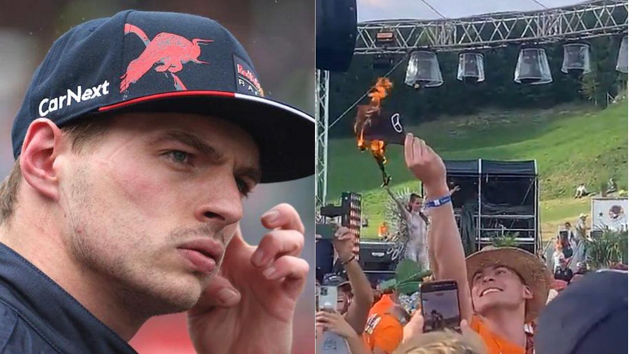 "Who are you really thinking of burning?" - F1 Twitter reacts to Max Verstappen fan setting fire to Mercedes cap