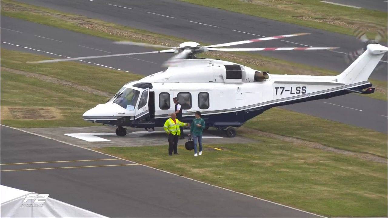 "Stroll timing his arrival during a red flagged session" - Aston Martin's Lance Stroll turns up to the Silverstone Circuit in a $10 Million Agusta private helicopter