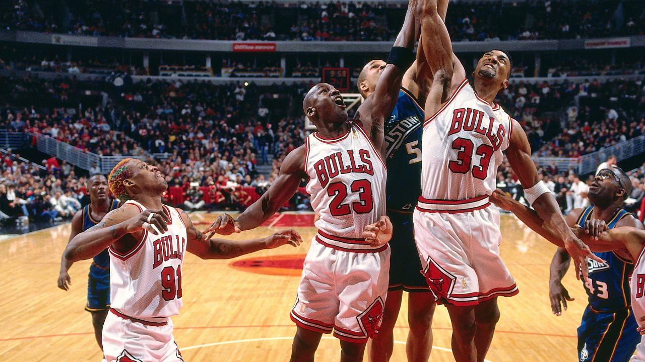 6'6" Michael Jordan and 6'7" Scottie Pippen had to wrestle down Dennis Rodman to protect him from 7-foot Shaquille O'Neal