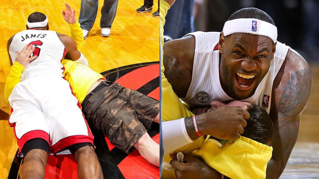 Miami Heat fan makes a $75,000 shot and provokes a tackle from LeBron James