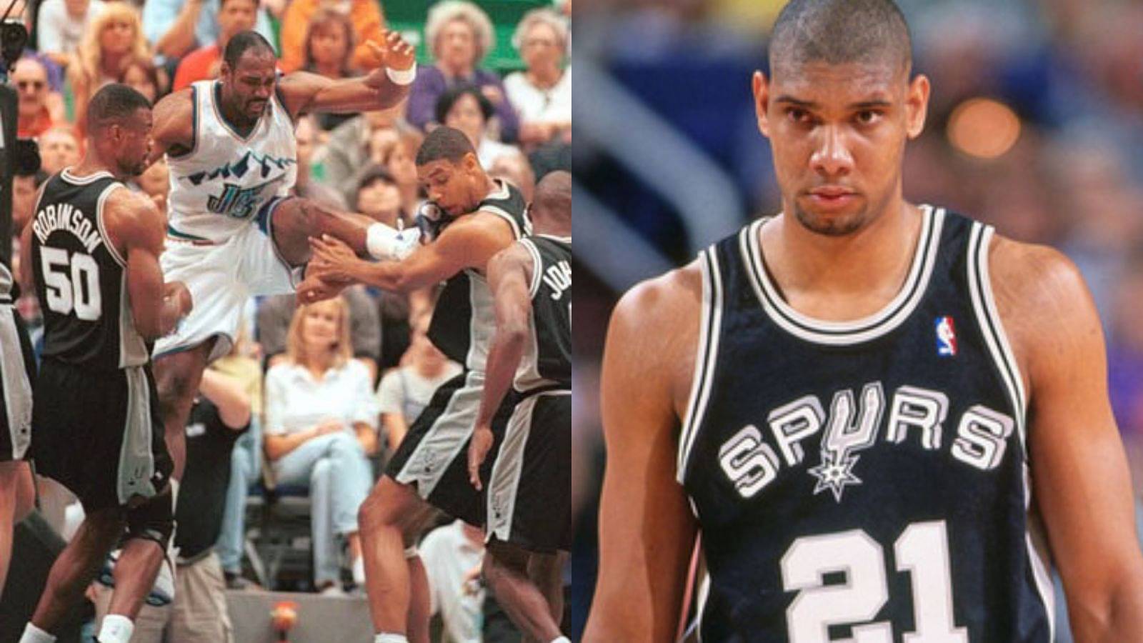 6ft 11” rookie Tim Duncan lived to see another day as 6’9”, 260 lbs Karl Malone kicked him in the face