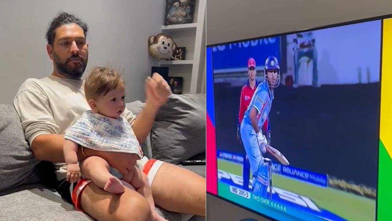 Yuvraj Singh shared a video on his social media handles where is watching the video of him smashing 6 sixes with his son Orion Keech Singh.