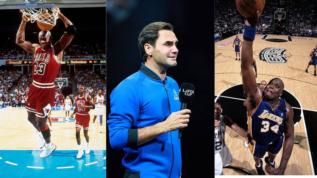 Roger Federer must have been an NBA fan growing up, as his walls were adorned with Michael Jordan, Shaquille O'Neal, and a Baywatch star!