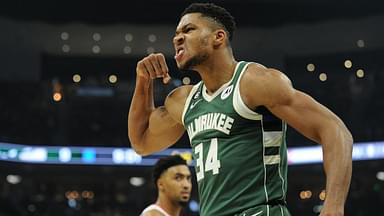 Oct 22, 2022; Milwaukee, Wisconsin, USA; Milwaukee Bucks forward Giannis Antetokounmpo (34) mean mugs to the audience after powering his way to the basket and being fouled by a Houston Rockets player in the first quarter at Fiserv Forum. Mandatory Credit: Michael McLoone-USA TODAY Sports