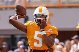 Sep 24, 2022; Knoxville, Tennessee, USA; Tennessee Volunteers quarterback Hendon Hooker (5) warms up before the game against the Florida Gators at Neyland Stadium.