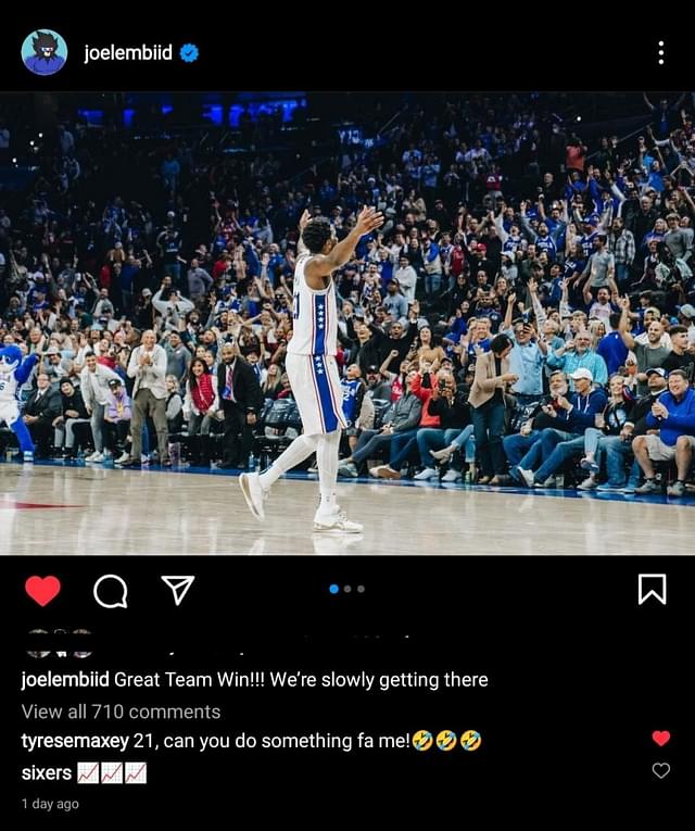 Tyrese Maxey's comment on Joel Embiid's post