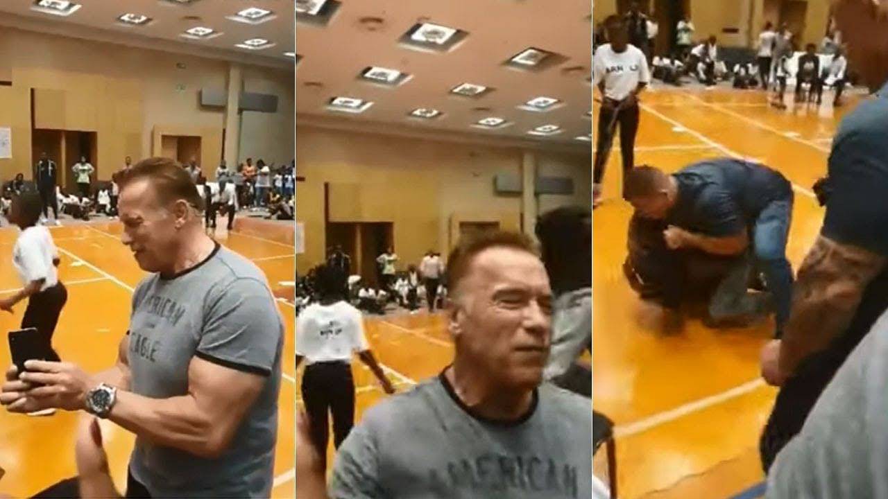 Arnold Schwarzenegger drop kicked by fan