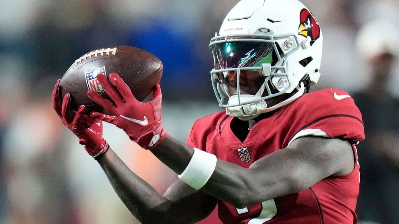 Marquise Brown of the Arizona Cardinals warms up prior to an NFL