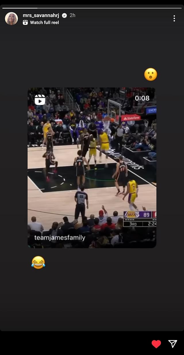Savannah James shares LBJ's dunk and her reaction on story