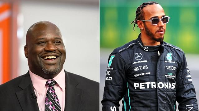 Before dwarfing Lewis Hamilton on podium Shaquille O’Neal lifted ex F1 driver winner as a trophy