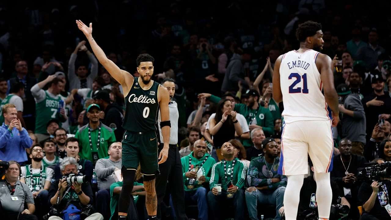 Team Giannis forward Jayson Tatum (0) holds the Kobe Bryant MVP