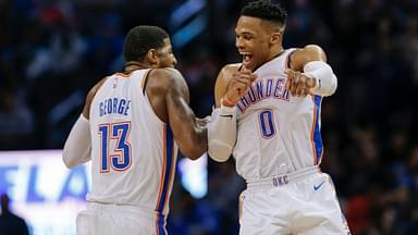 Russell Westbrook and Paul George celebrate a made basket, going into a timeout. Credits: USA Today Sports