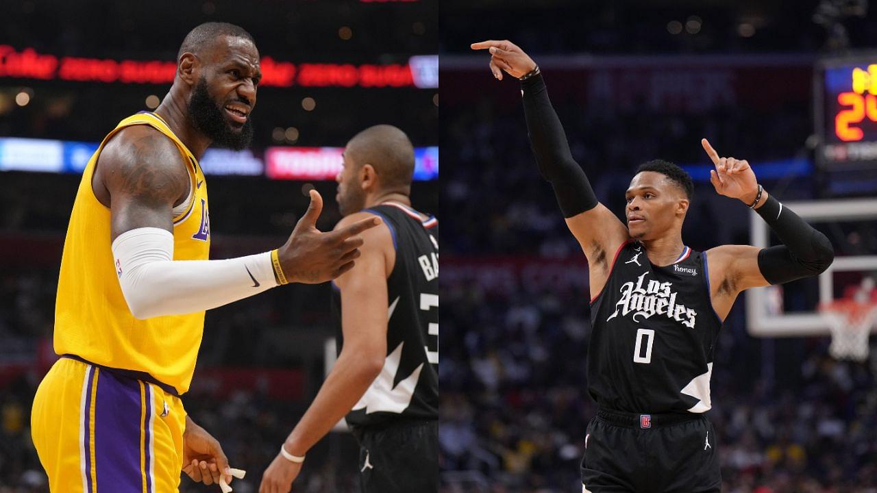 WATCH: Russell Westbrook Points at Former Lakers Teammate LeBron James After Drilling a Jumper Over Him
