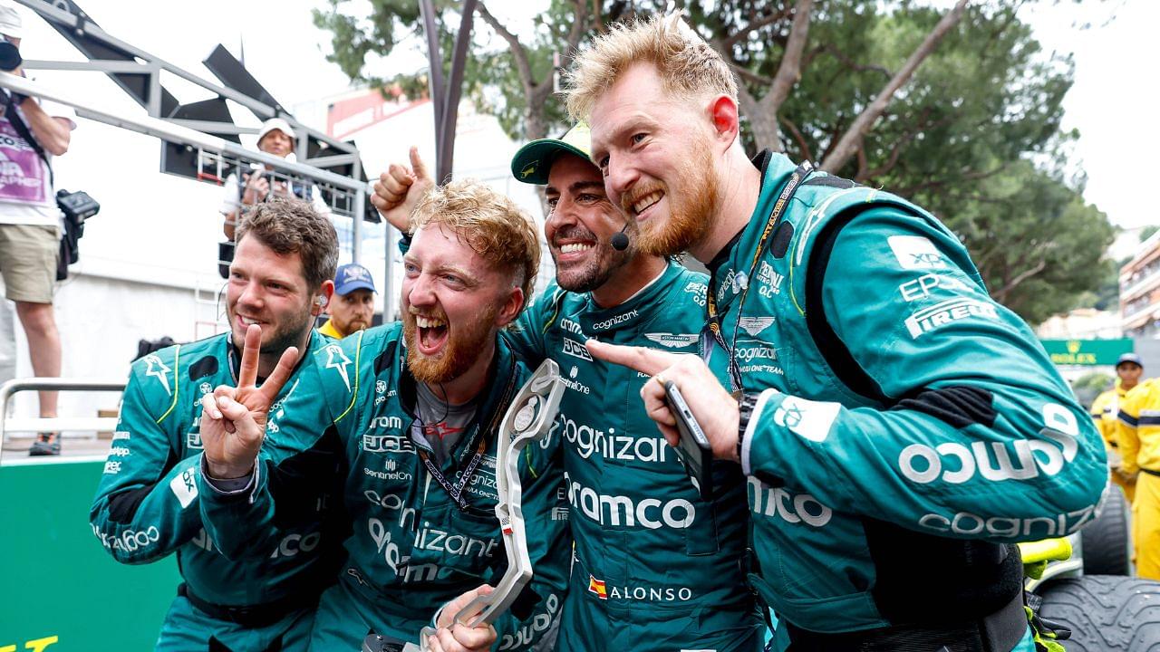 Aston Martin Engineer Empties Fernando Alonso’s Champagne Bottle After Spaniard’s Monaco GP Podium