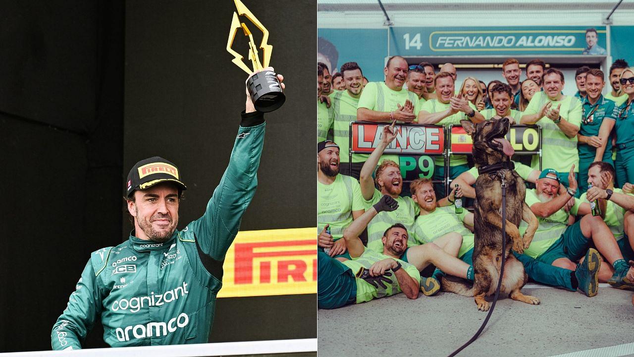 'Good Boy' Invades Fernando Alonso's Podium Party in Canada and Shows of Some Tricks to Amuse the Aston Martin Crew