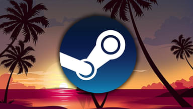 Image with Steam logo on a minimalistic looking beach image with sunset
