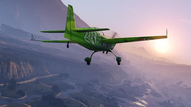 in-game screenshot of gta 5 featuring a green plane in air.