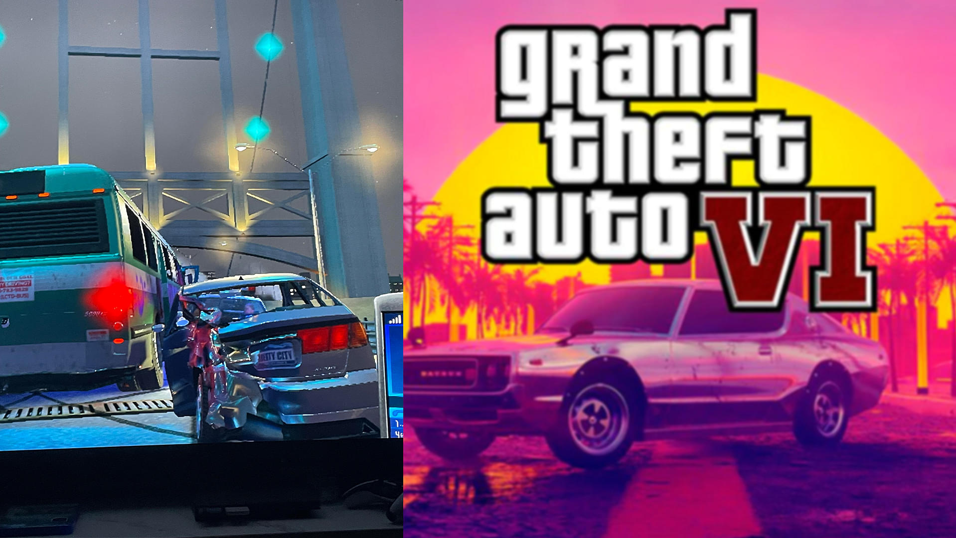 An image of destroyed car collaged with GTA 6 cover