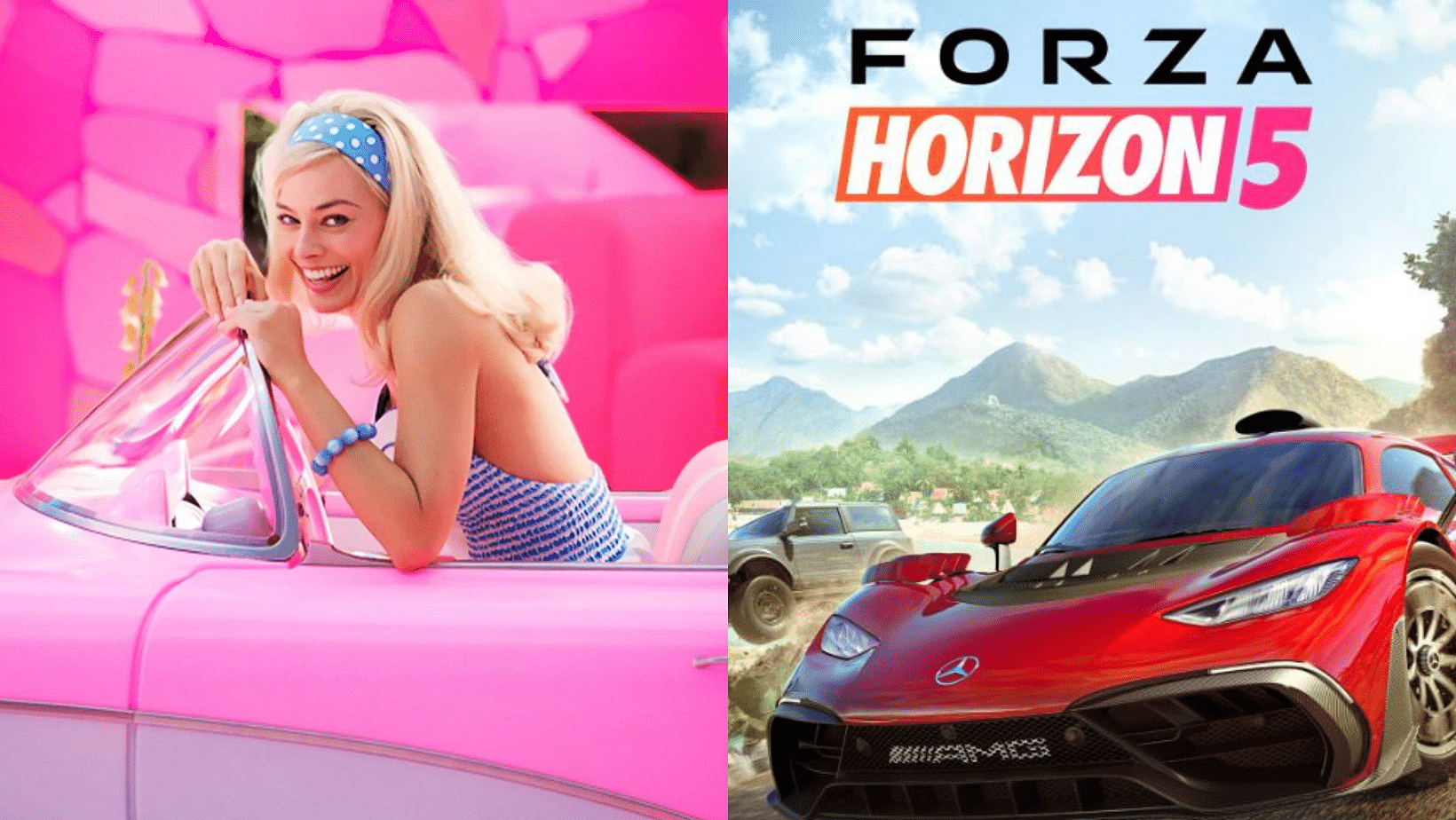 Forza Horizon 5 and Barbie movie crossover illustration