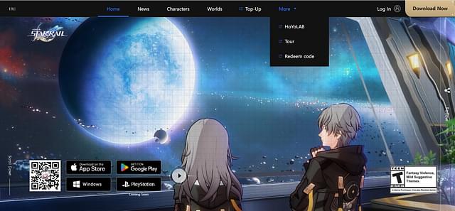 The official Honkai Star Rail web Home page showing the redeem code option