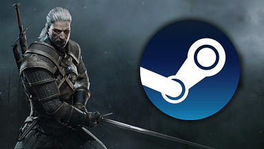 An image of Geralt of Rivia from Witcher with Steam logo on left set to emphasize the game's importance during Steam Summer Sale 2023