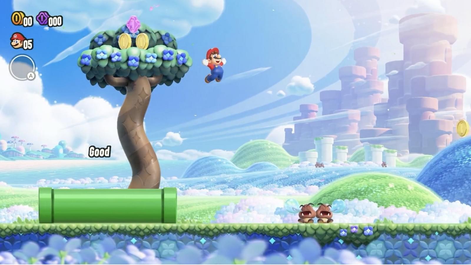 An in-game footage showcasing Mario jumping in Super Mario Bros. Wonder