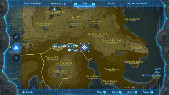 In-game map showing the location of Sifumim Shrine