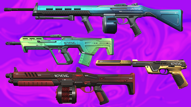 An image displaying four weapons in Valorant in different colours