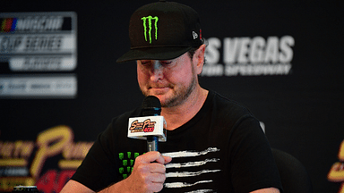 Oct 15, 2022; Las Vegas, Nevada, USA; NASCAR Cup Series driver Kurt Busch speaks announcing he will step away from full time competition in 2023. at Las Vegas Motor Speedway. Mandatory Credit: Gary A. Vasquez-USA TODAY Sports