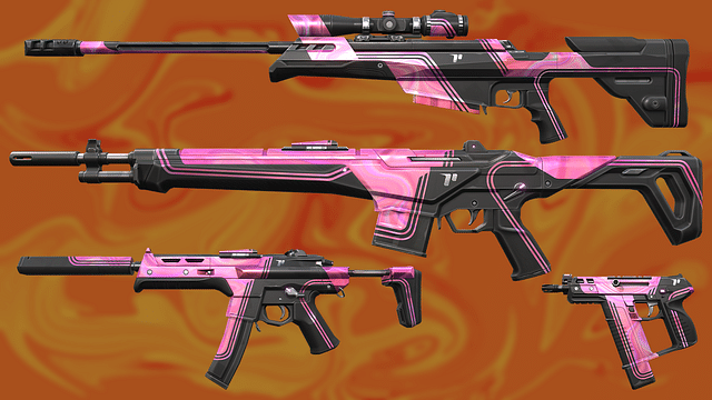 An image showing four Valorant weapons featuring Operator, Spectre and Frenzy