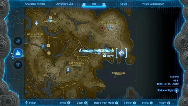 In-game map showing the location of Anedamimik Shrine