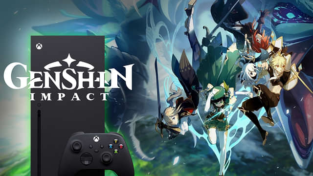 Изображение, показващо Xbox Series X отляво и символи от Genshin Impact отдясно с лого