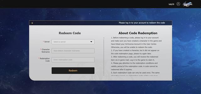 Official webpage to claim redemption codes