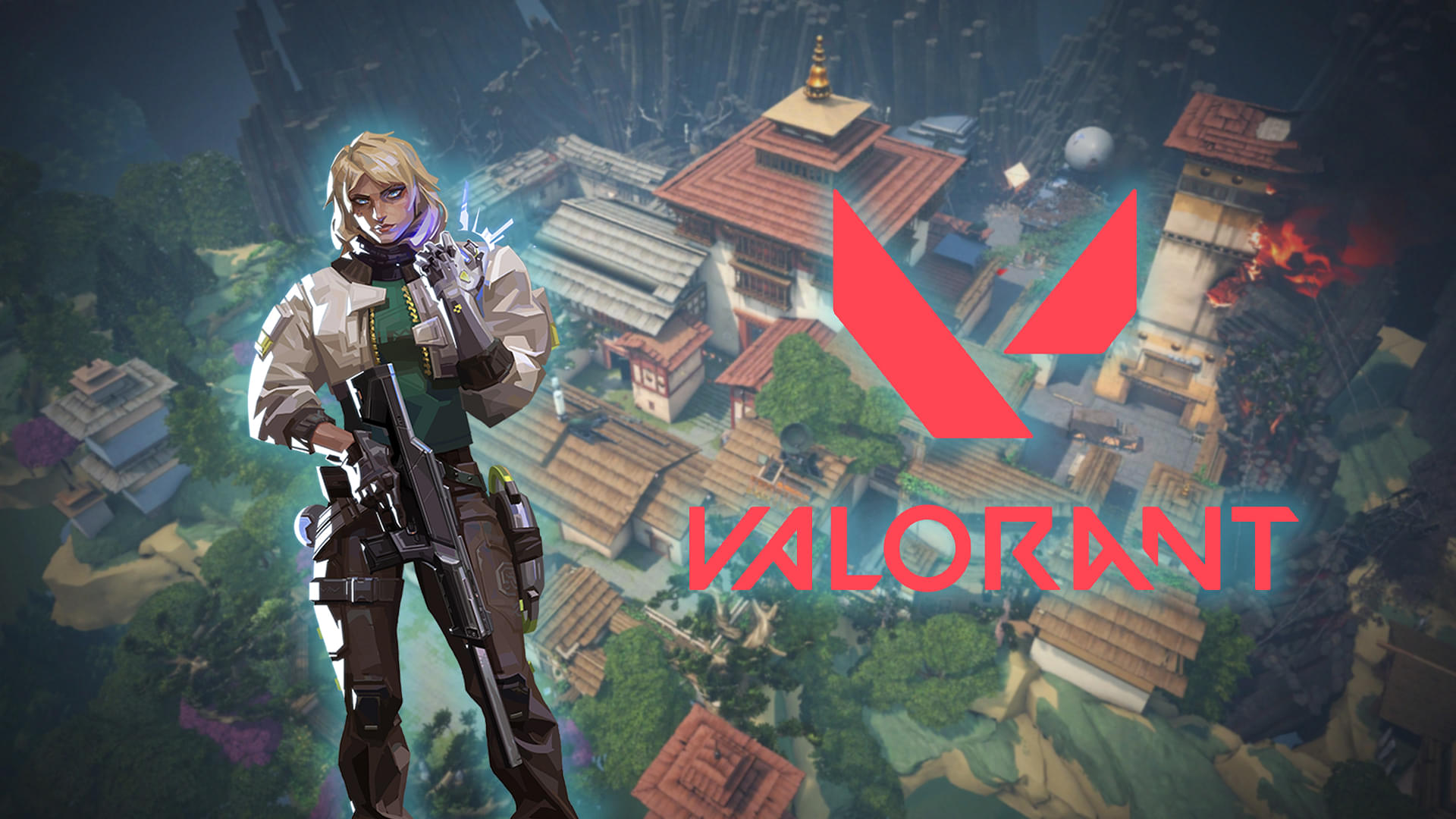 An image showing Valorant's latest Agent Deadlock in front of Haven map with the logo of the game