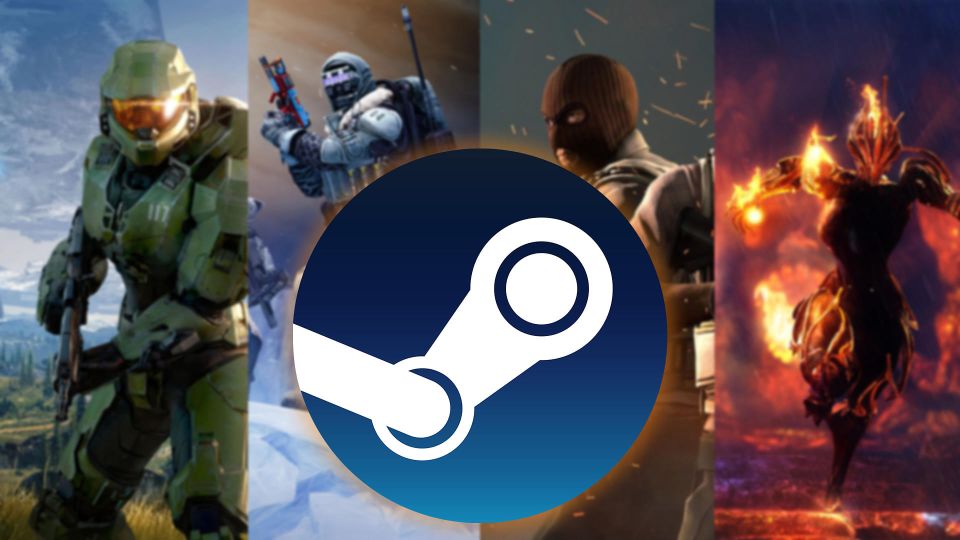 An image showing a collage of games i background with Steam logo in front