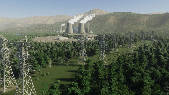 An image showing a landscape with trees powe lines and nuclear power plant
