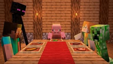 Multiple Minecraft mobs and characters sitting around a table