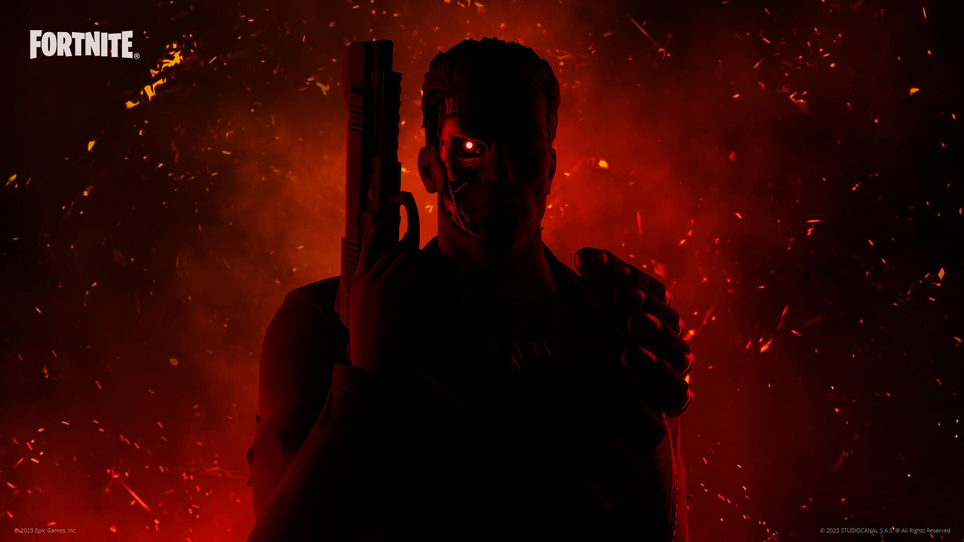 An image showing semi-silhouette of Arnold Schwarzenegger Terminator in Fortnite