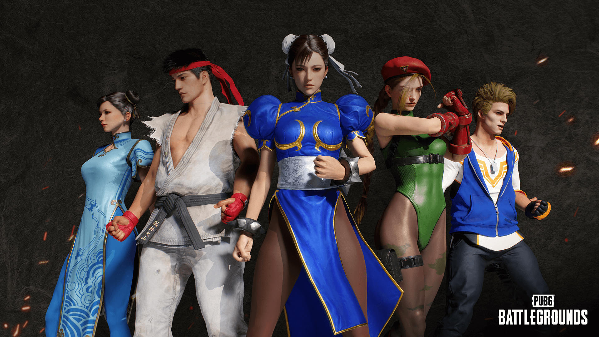 An image showing iconic Street Fighter characters like Ryu, Chun-Li, Cammy and others in PUBG: Battlegrounds