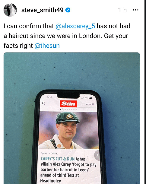 Steve Smith Debuts On Thread By Defending Alex Carey Over "Barberball" Allegations