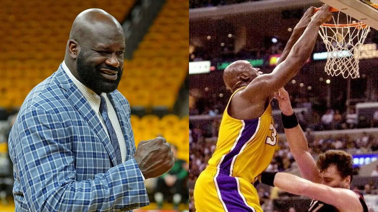 Los Angeles Lakers' Shaquille O'Neal dunks over Portland Trail