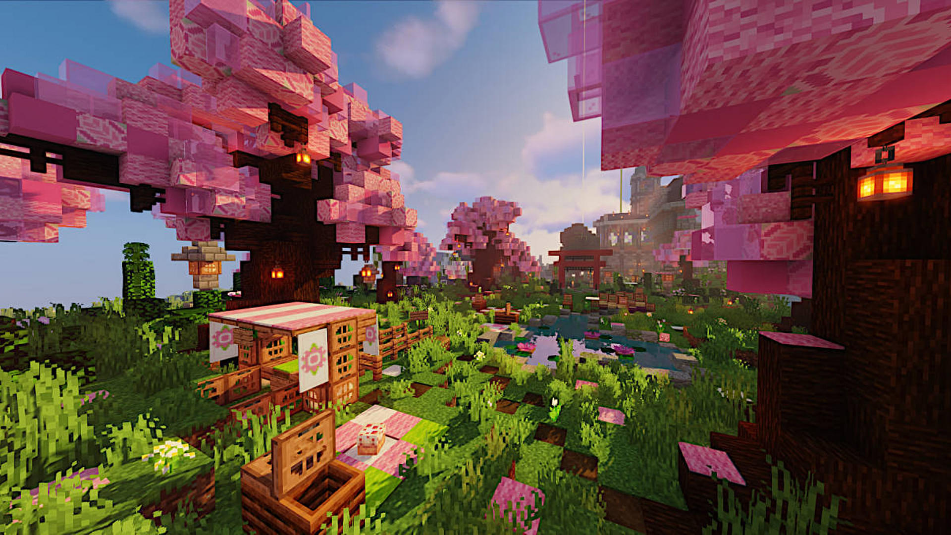 An image showing Minecraft cherry blossom biome with shader mod